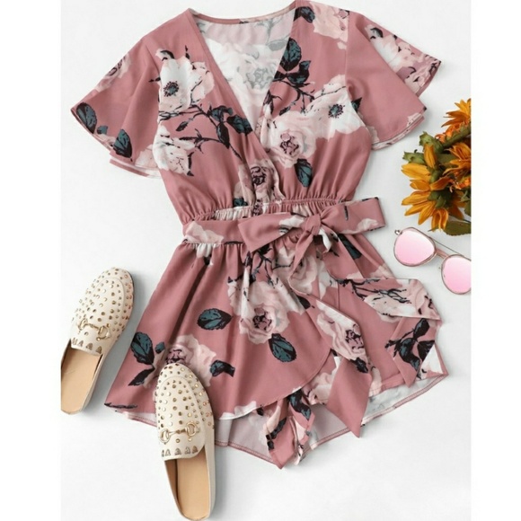 Pants - LAST ONE- Pink Floral Print Romper Boutique